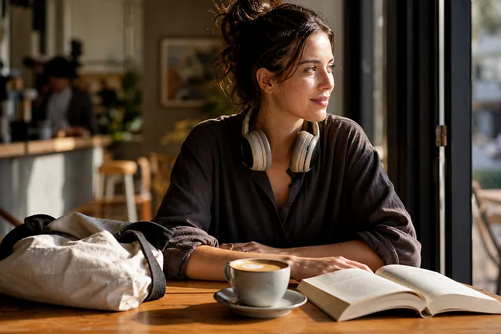 Woman relaxing at cafe with headphones lifestyle