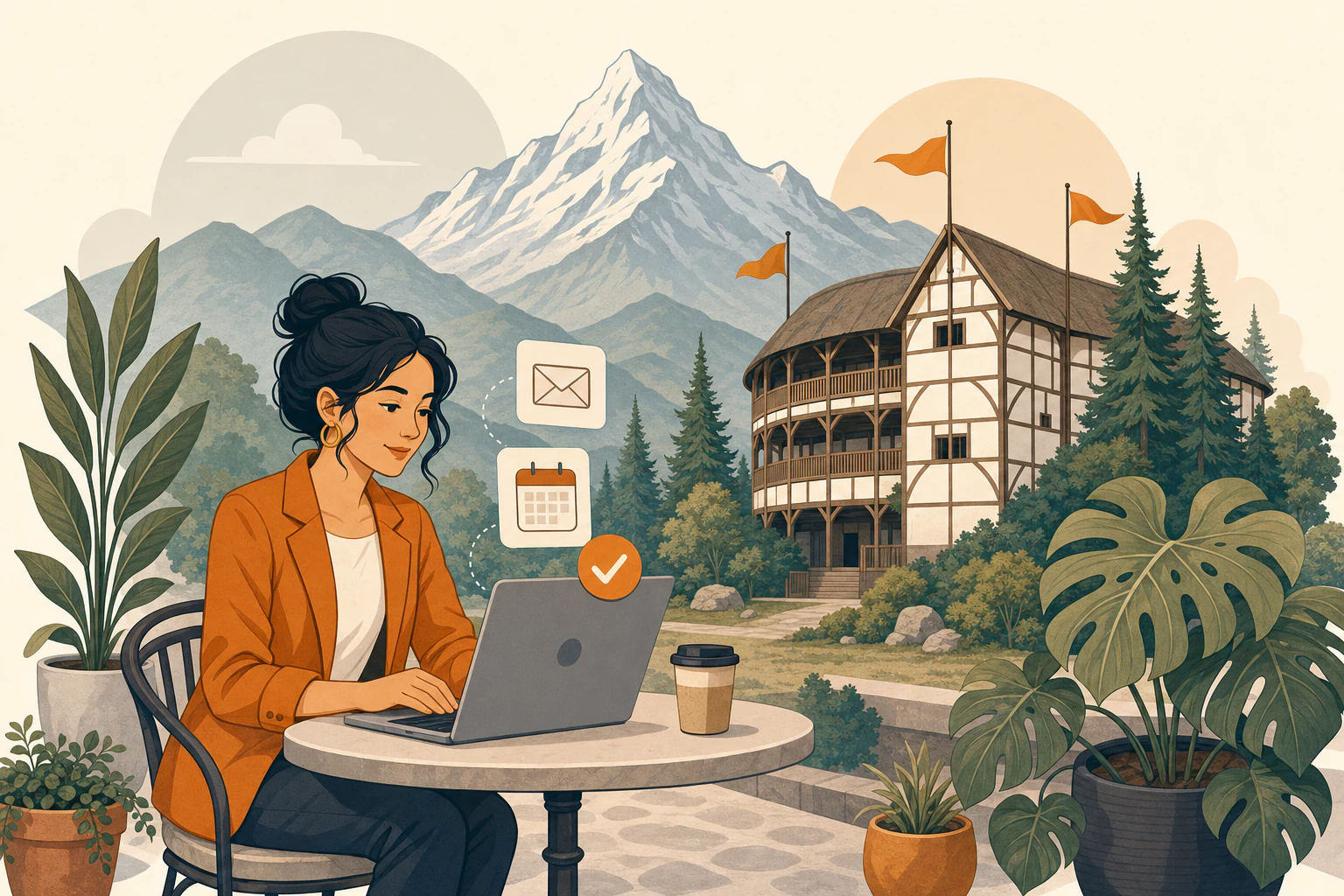 A downtown Ashland business owner working on a laptop at an outdoor cafe table, with an open-air festival theatre and Mount Ashland behind
