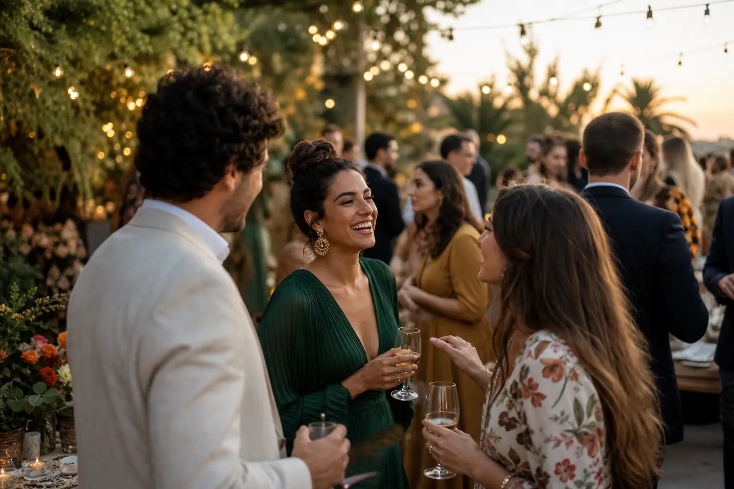 Guests celebrating at a garden party at golden hour