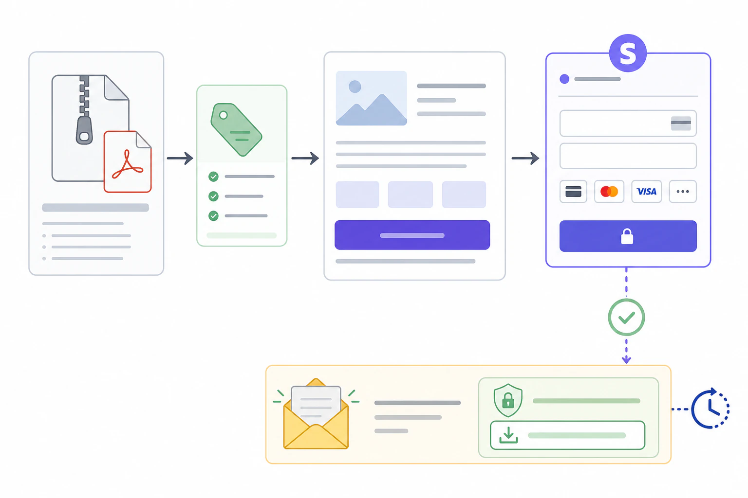 A diagram of a simple product page and checkout flow for a self-hosted digital s