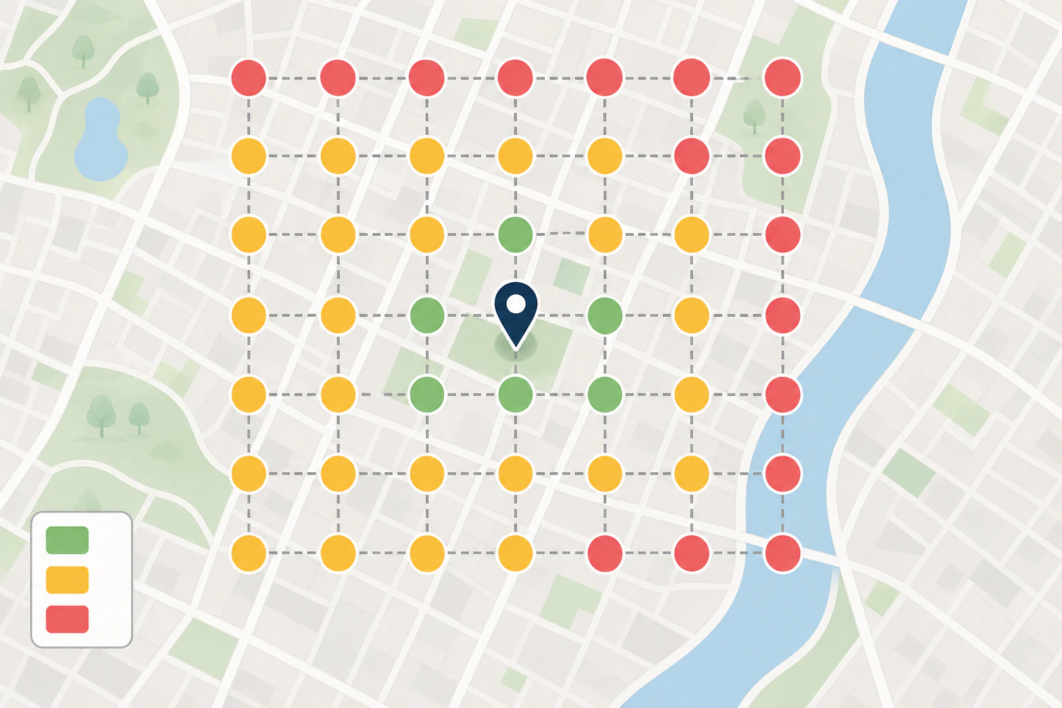A diagram of a 7x7 geo-grid overlaid on a stylized city map: a central pin marks