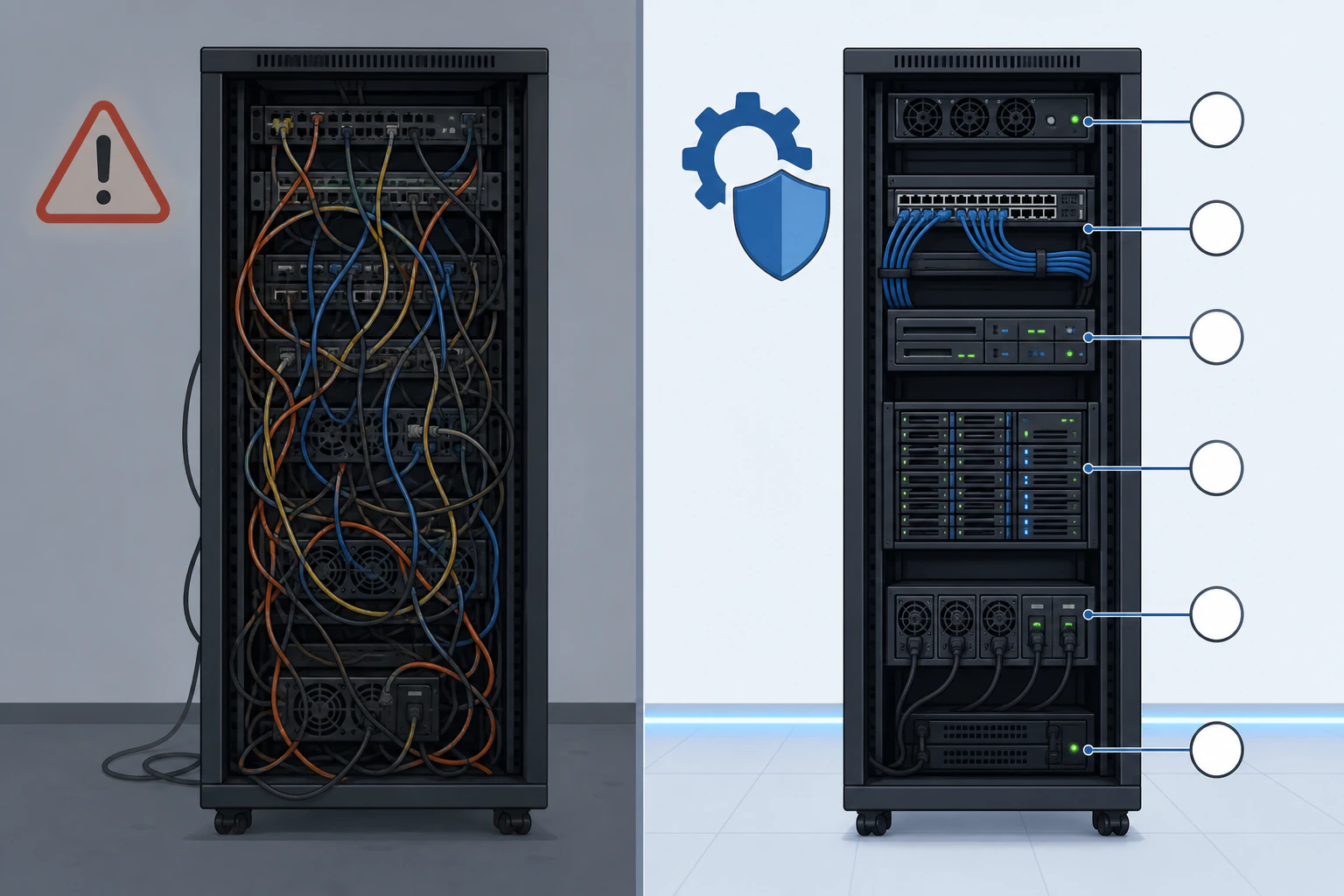 A split-screen diagram comparing one server run two different ways. The left hal