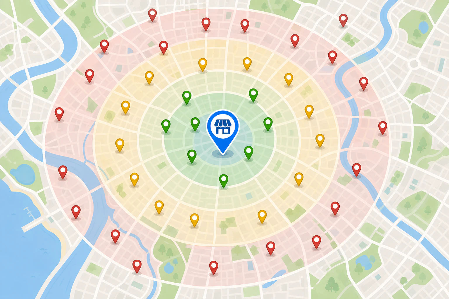 A stylized top-down city map centered on a single prominent business location pi
