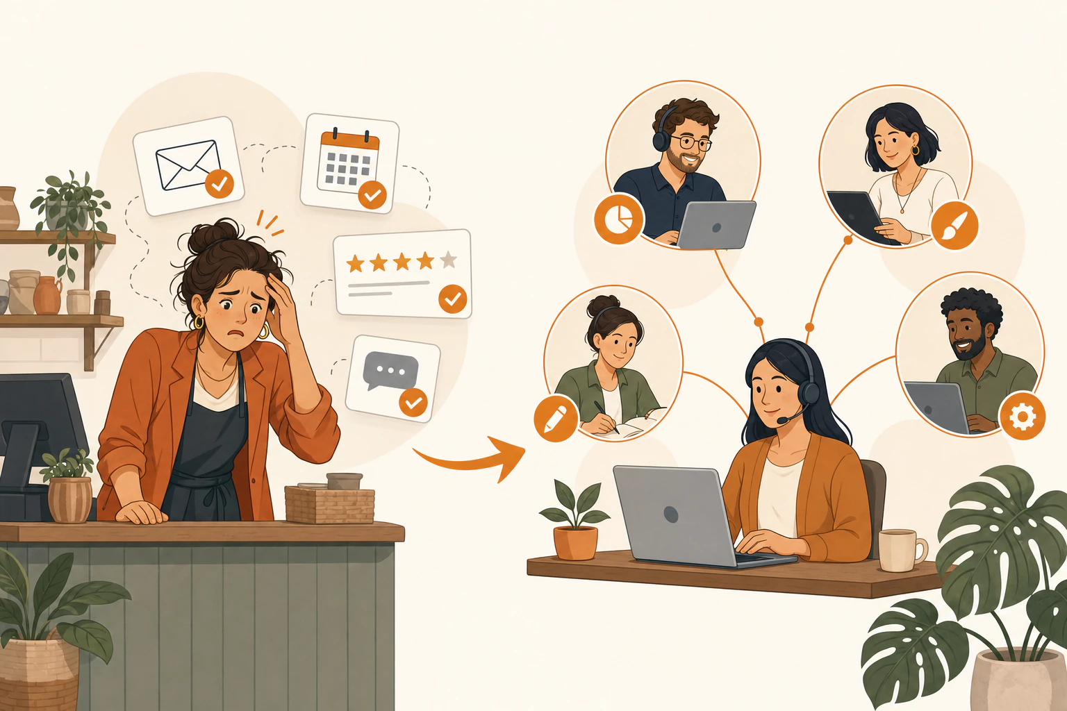 An Ashland, Oregon business owner handing off inbox, calendar and review tasks to a project manager, who routes each one to a virtual assistant team
