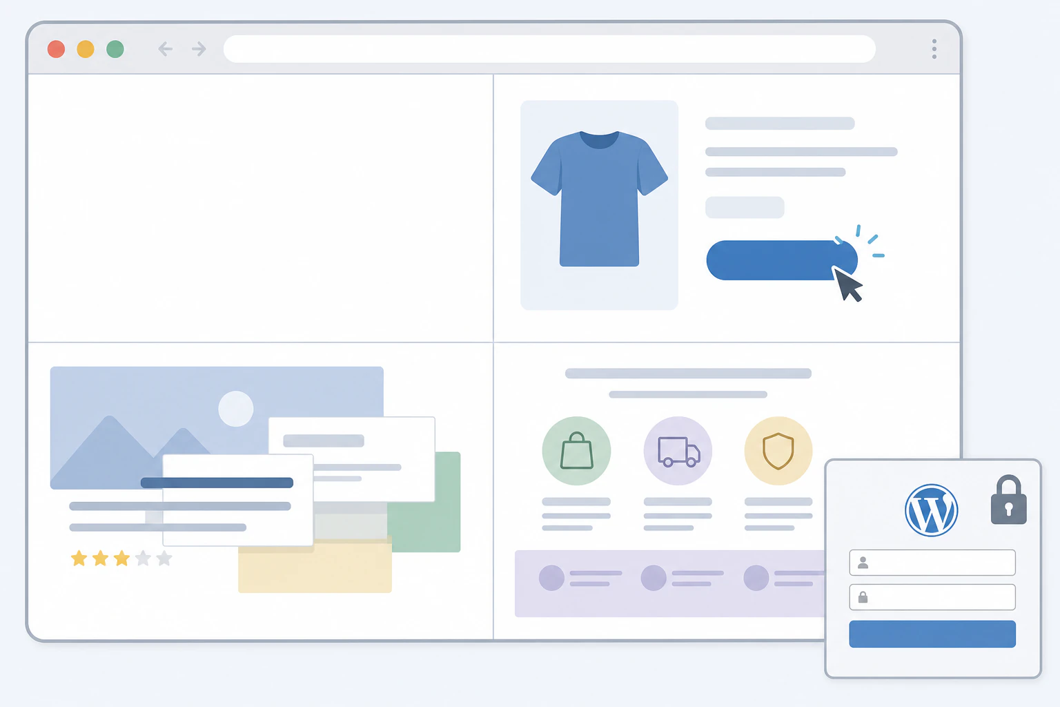 An illustration of a browser window showing a WordPress site mid-failure: one qu