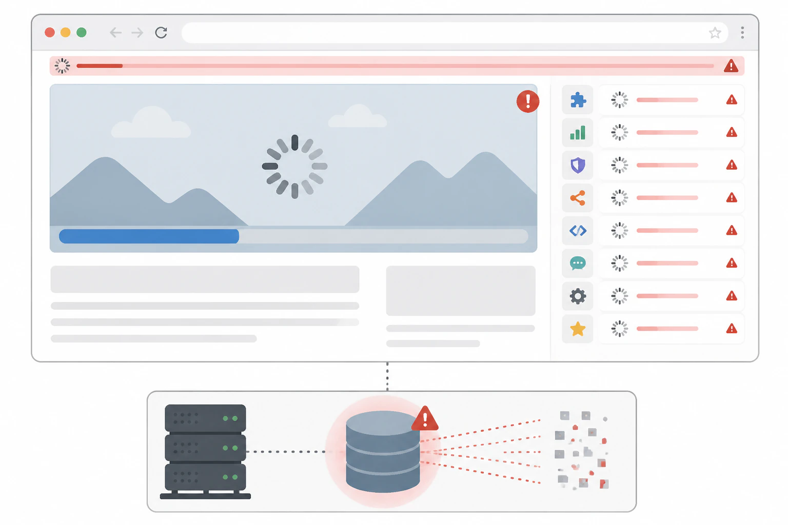 Clean flat-illustration diagram of a browser window loading a webpage mid-load