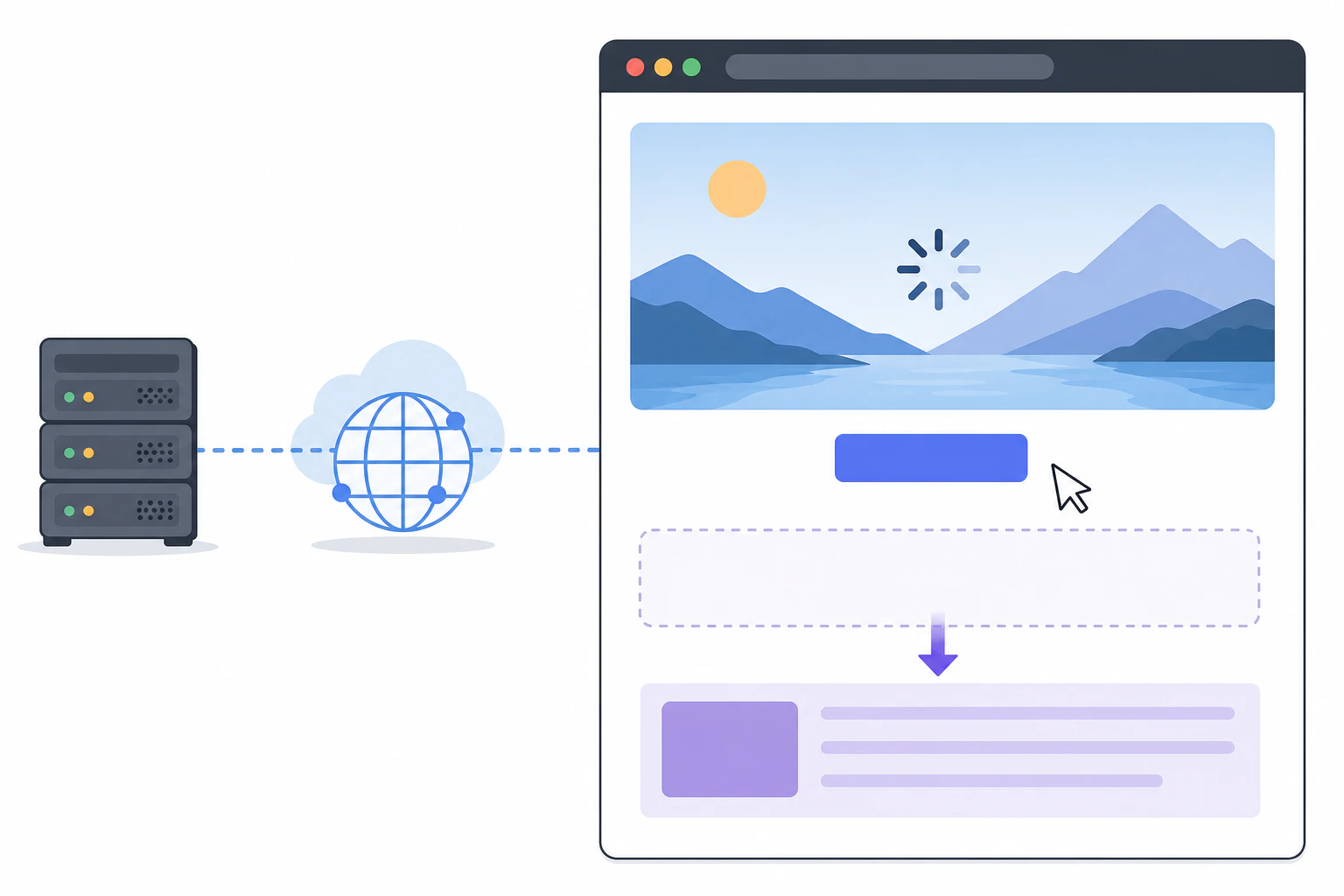 A diagram/illustration of a browser window mid-load showing a webpage with a her