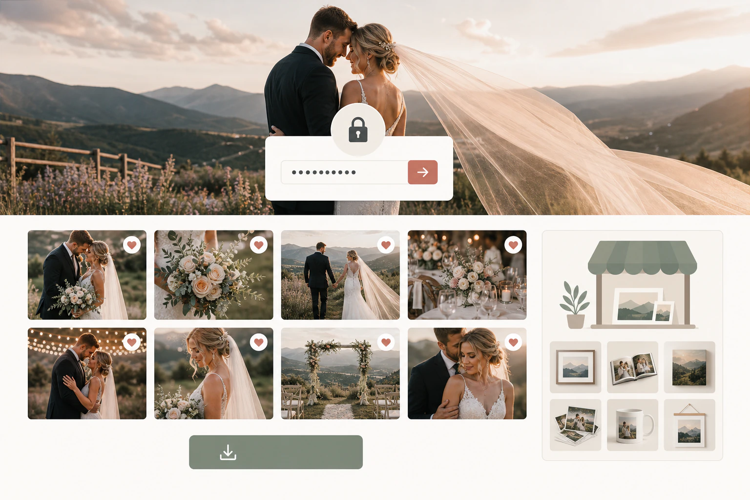 A diagram/mockup of a branded online photo gallery delivery page as a client wou