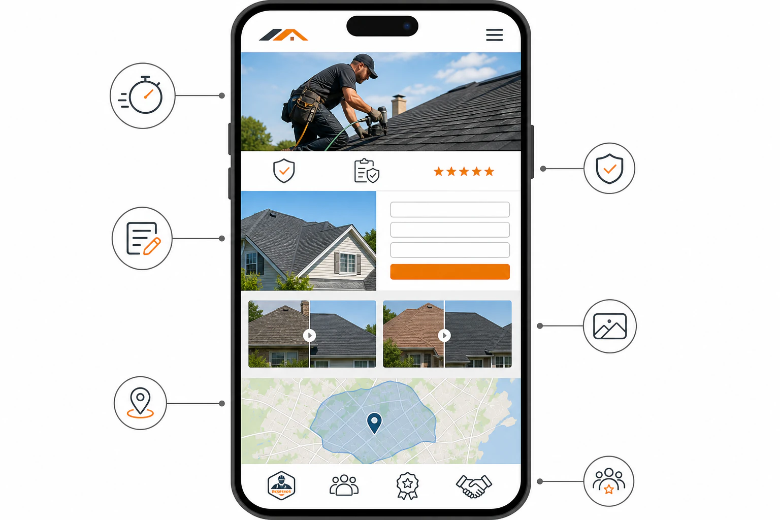 A diagram of a contractor/roofer website homepage viewed on a phone, showing a f