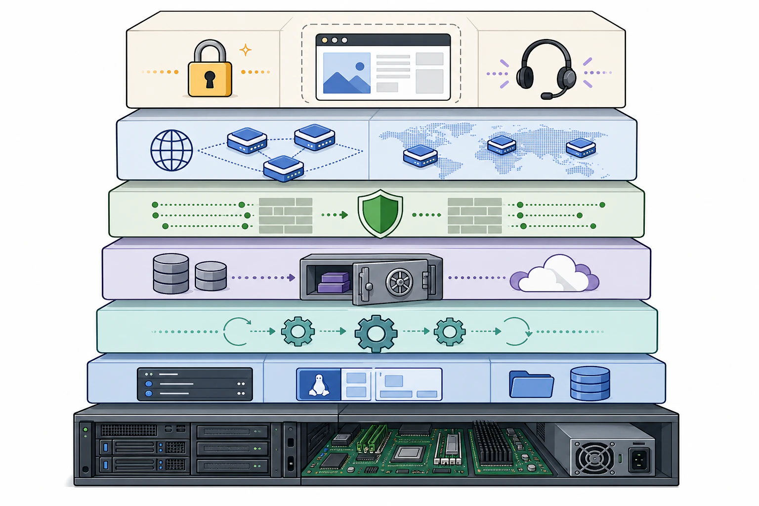 A layered cutaway illustration of a server stack, drawn like cross-section block