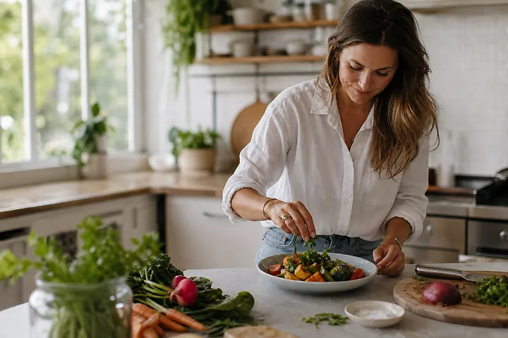 Woman cooking healthy bowl in kitchen