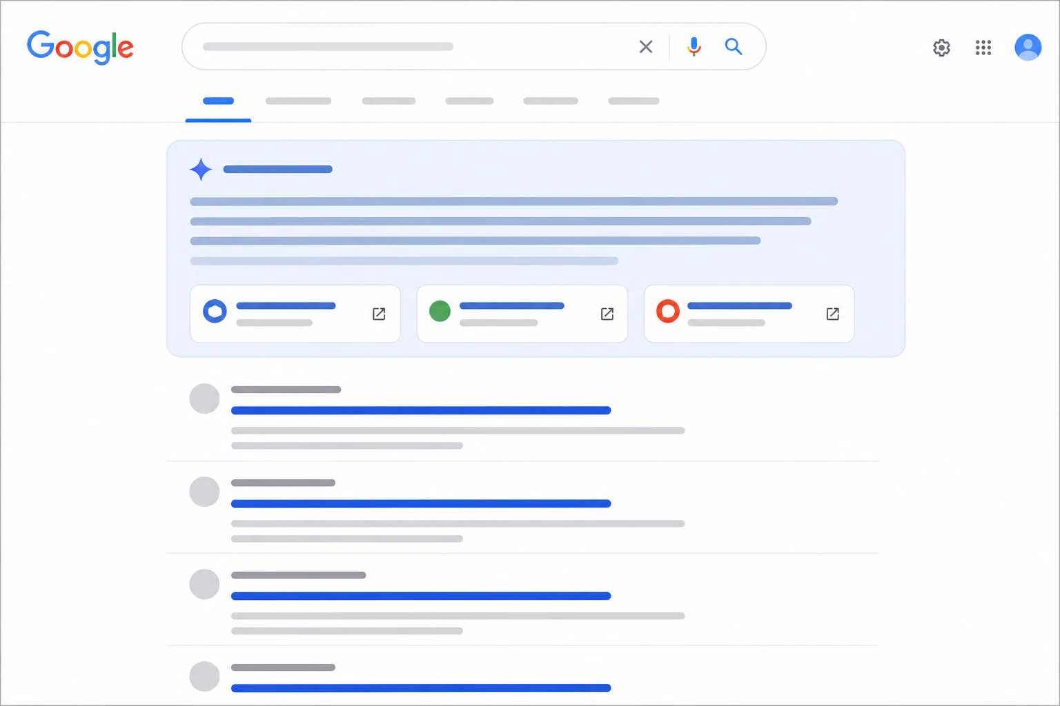 A mockup of a Google search results page shown as a clean flat-illustration diag