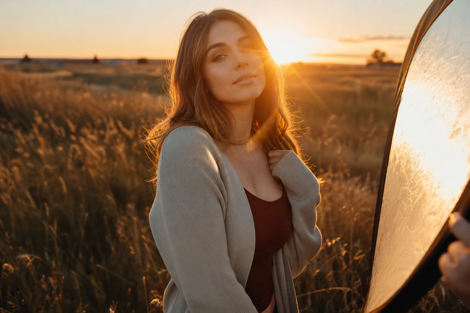 Photo-realistic outdoor portrait scene during golden hour: a single subject stan