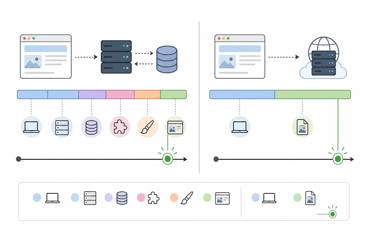 A side-by-side diagram of two page-load timelines. On the left, a WordPress requ