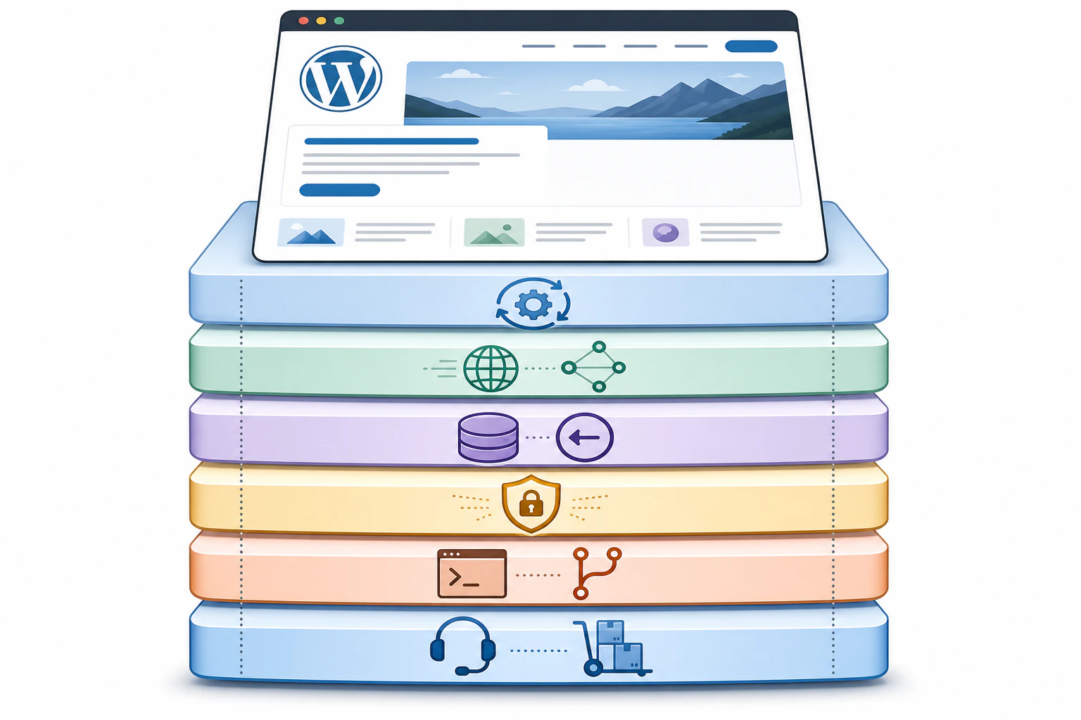 A labeled exploded-view infographic of a WordPress website sitting atop a layere