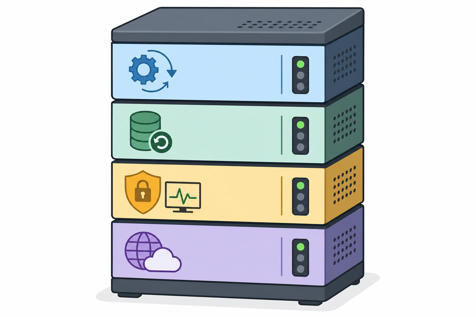 A clean technical diagram of a single web server/cloud rack icon, sliced into fo