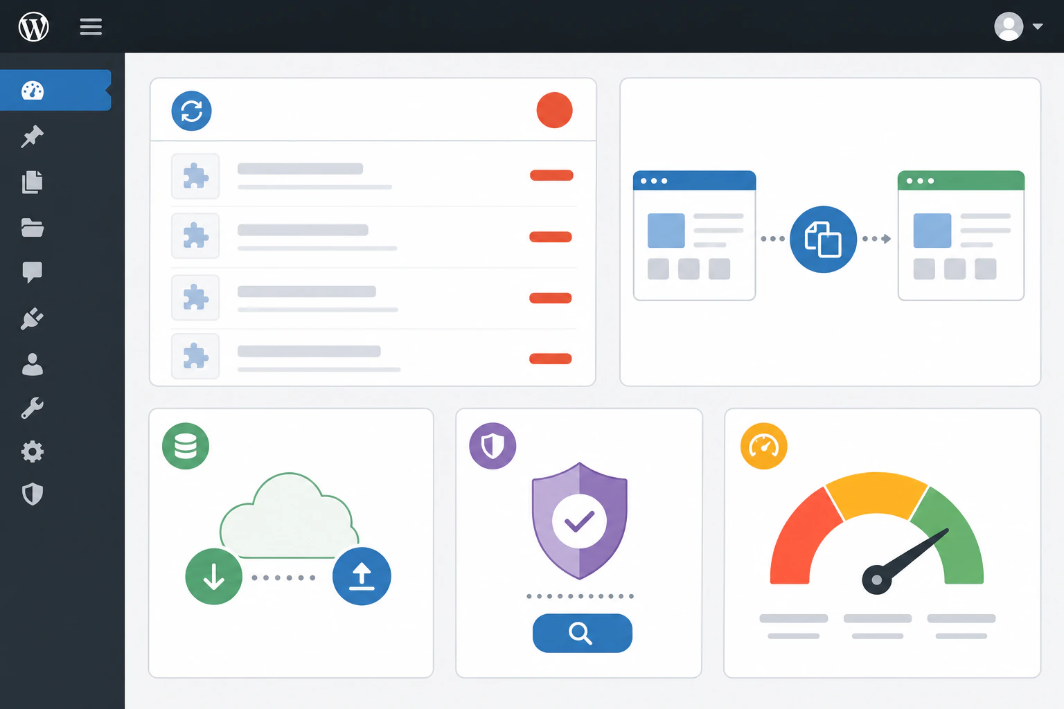 A flat illustration of a WordPress site admin dashboard screen with distinct lab