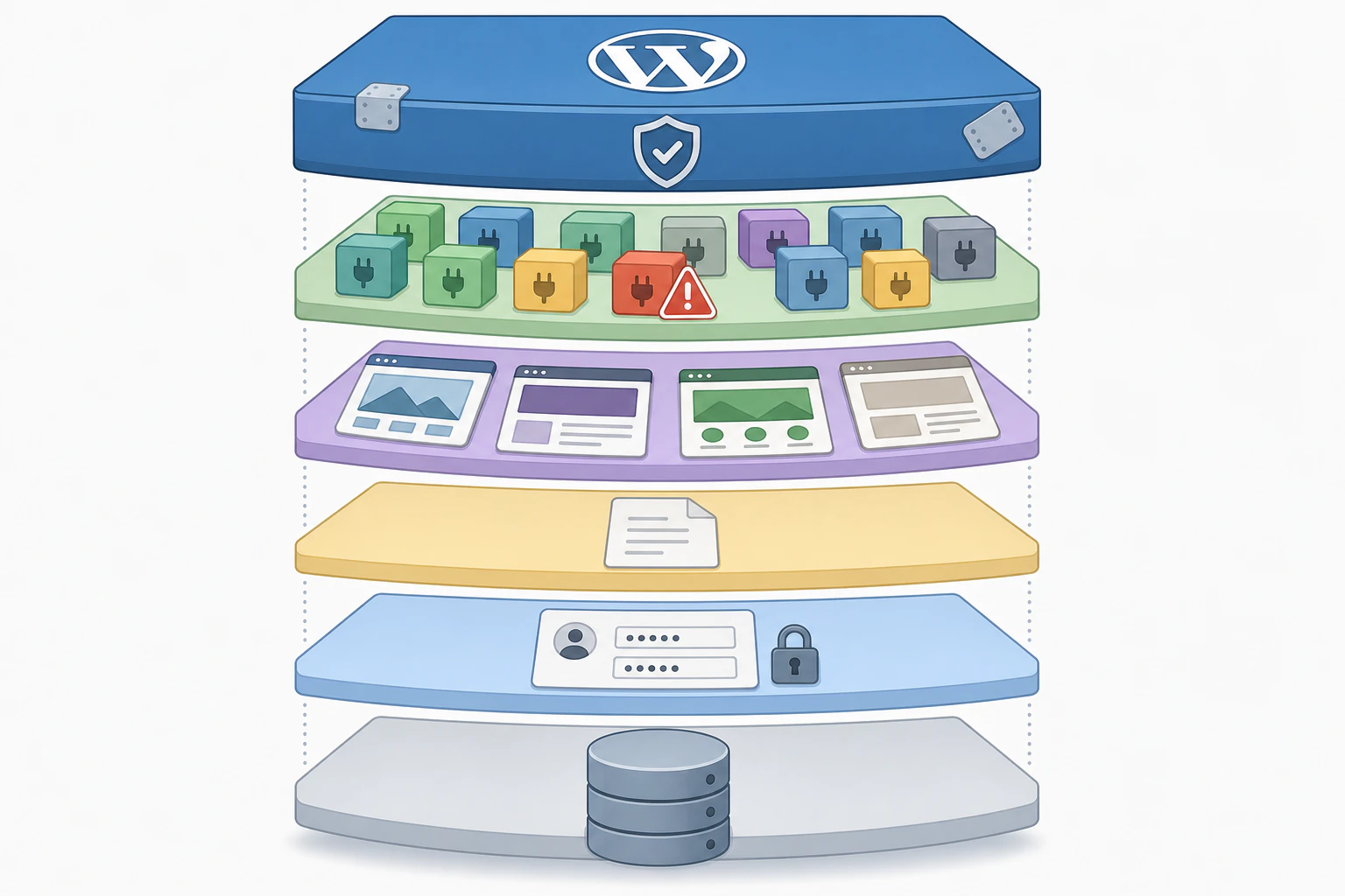 A layered cutaway/exploded technical diagram of a WordPress site's software stac