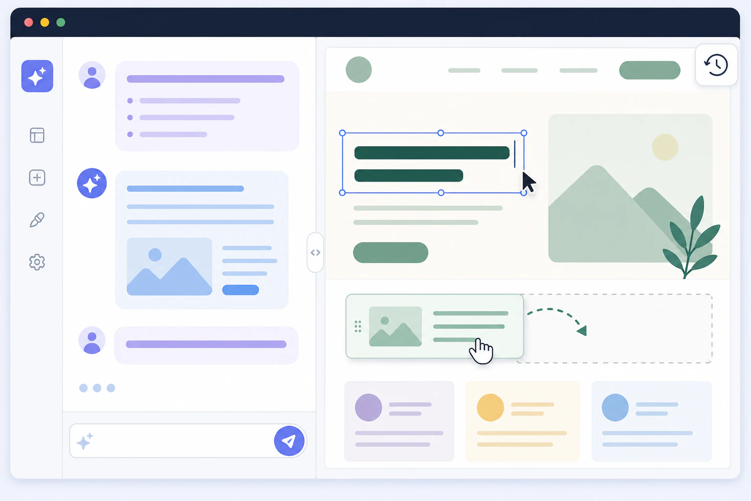 An illustration of a split-screen website-builder interface: on the left a chat
