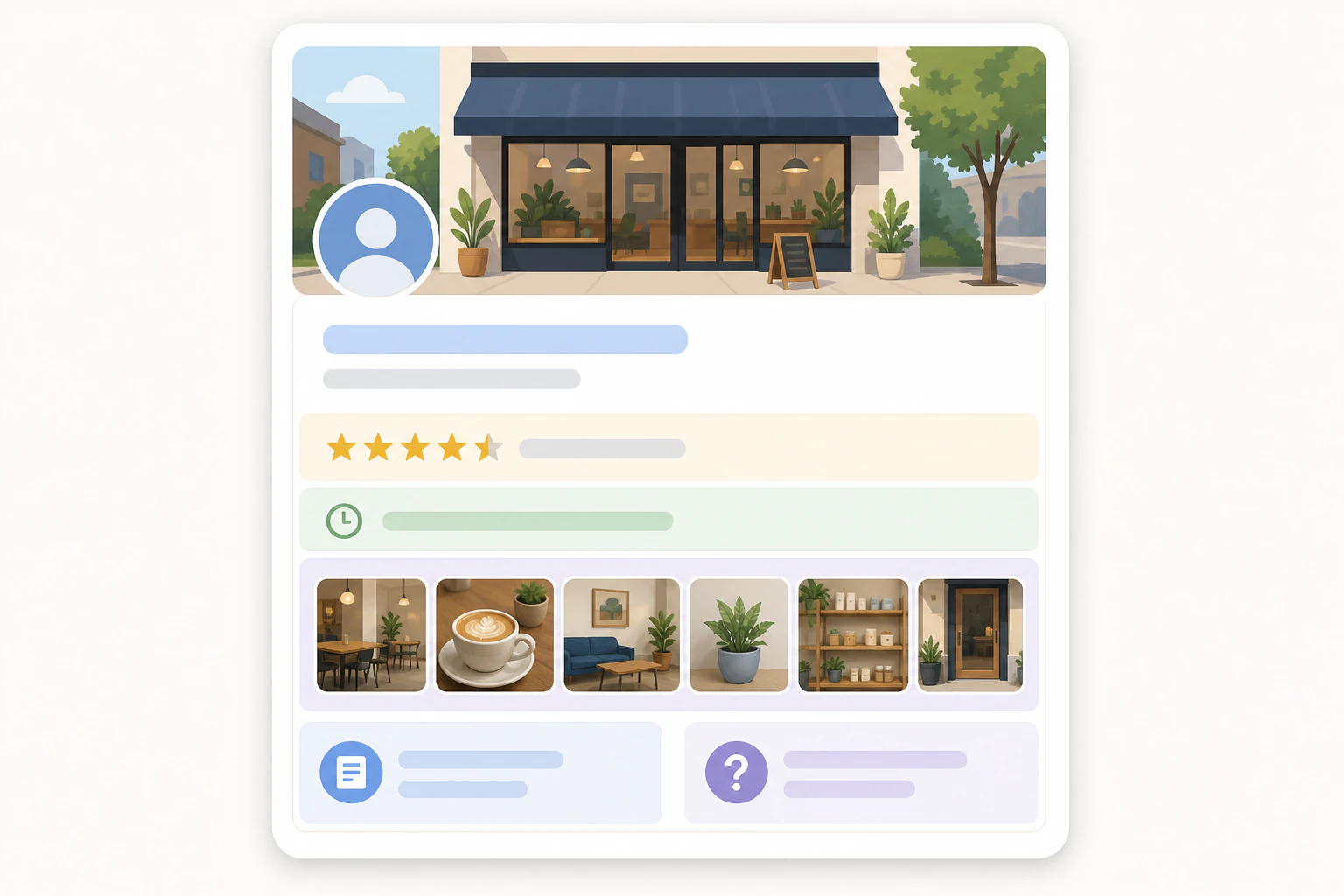 A clean flat-illustration diagram of a mock Google Business Profile card as it a