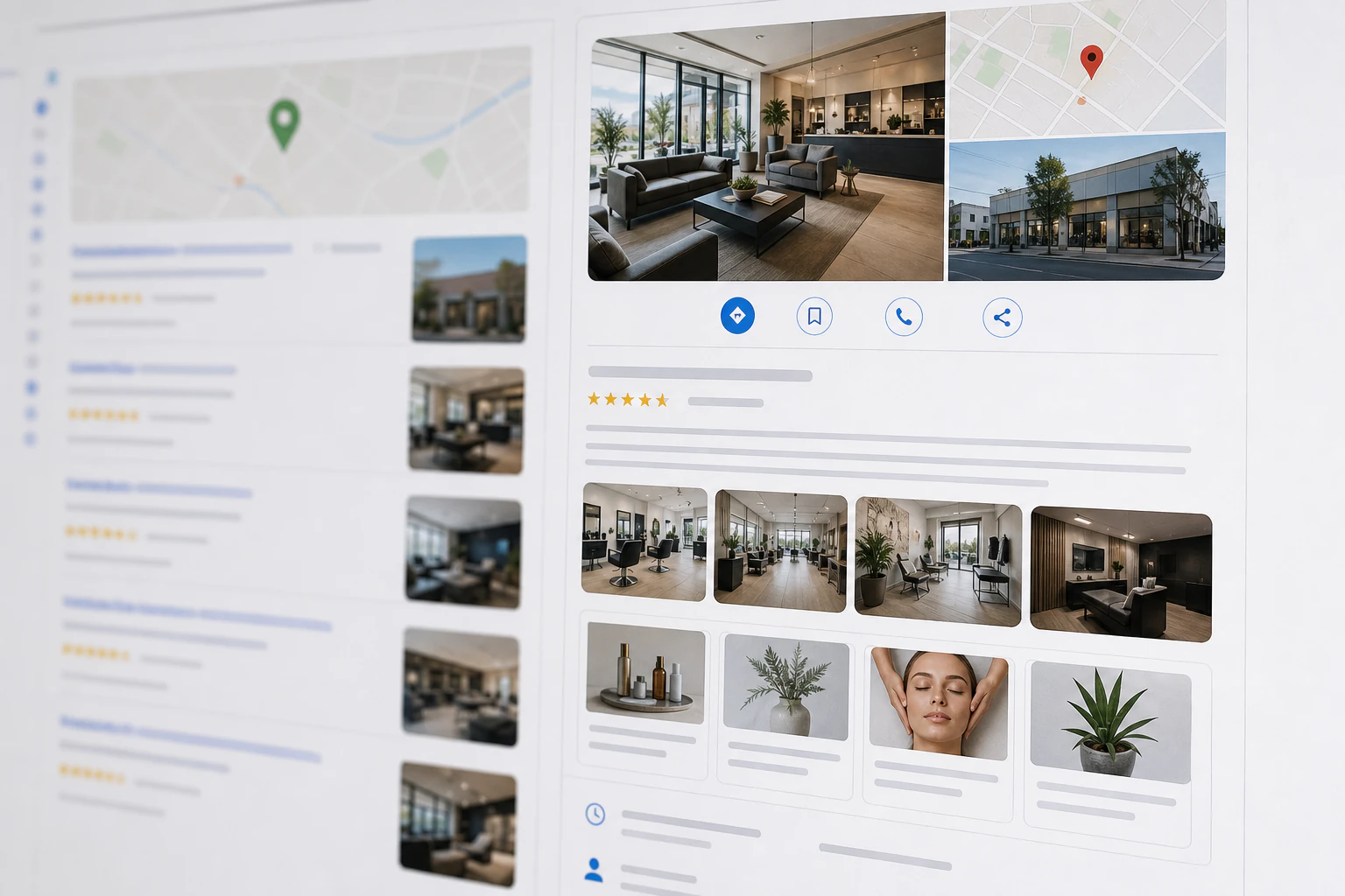 A photo-real mockup of a Google Business Profile listing as it appears in Google
