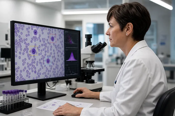 AI analyzing blood cells on computer screen