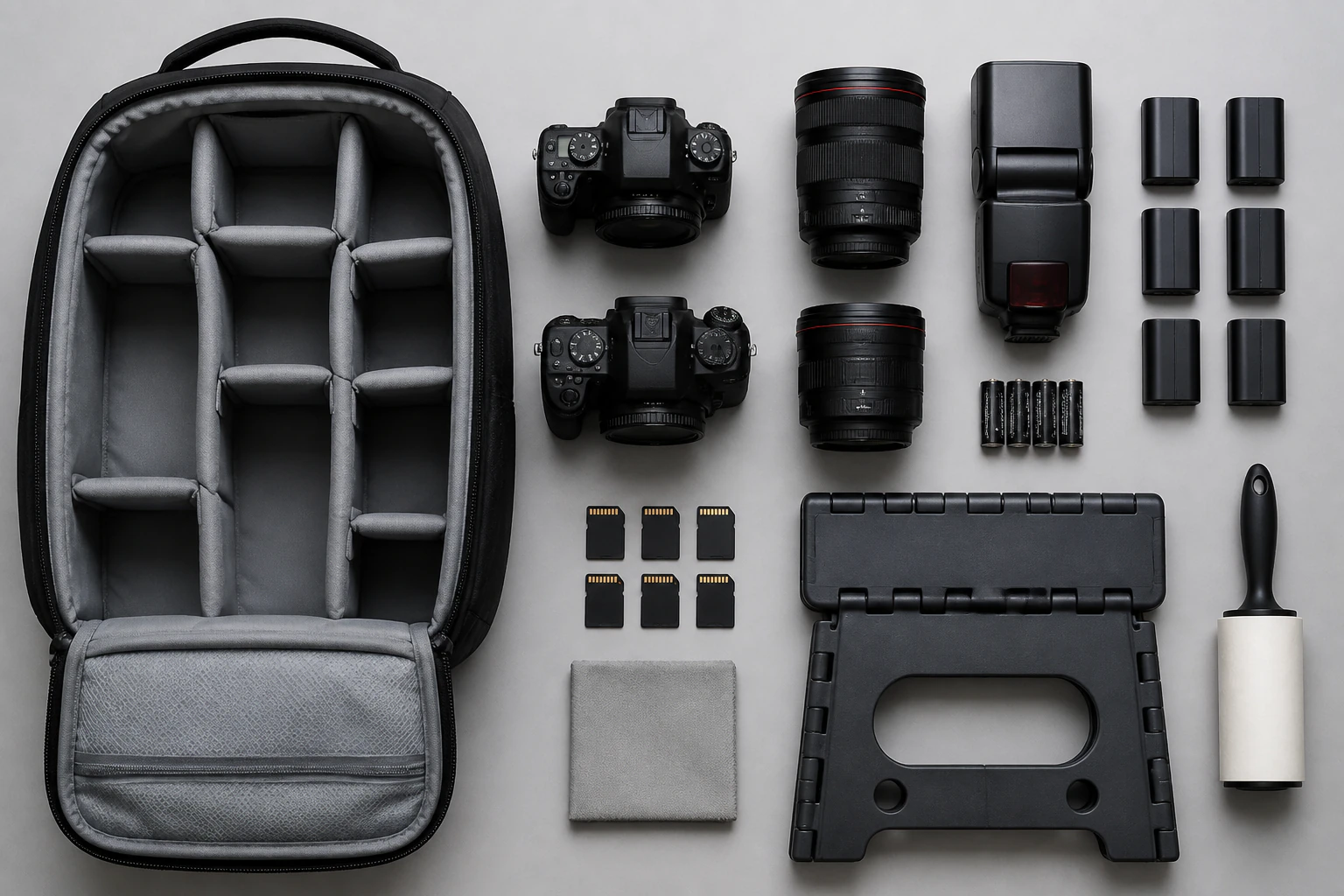 Photo-realistic overhead flat-lay of an open camera bag with its contents laid o