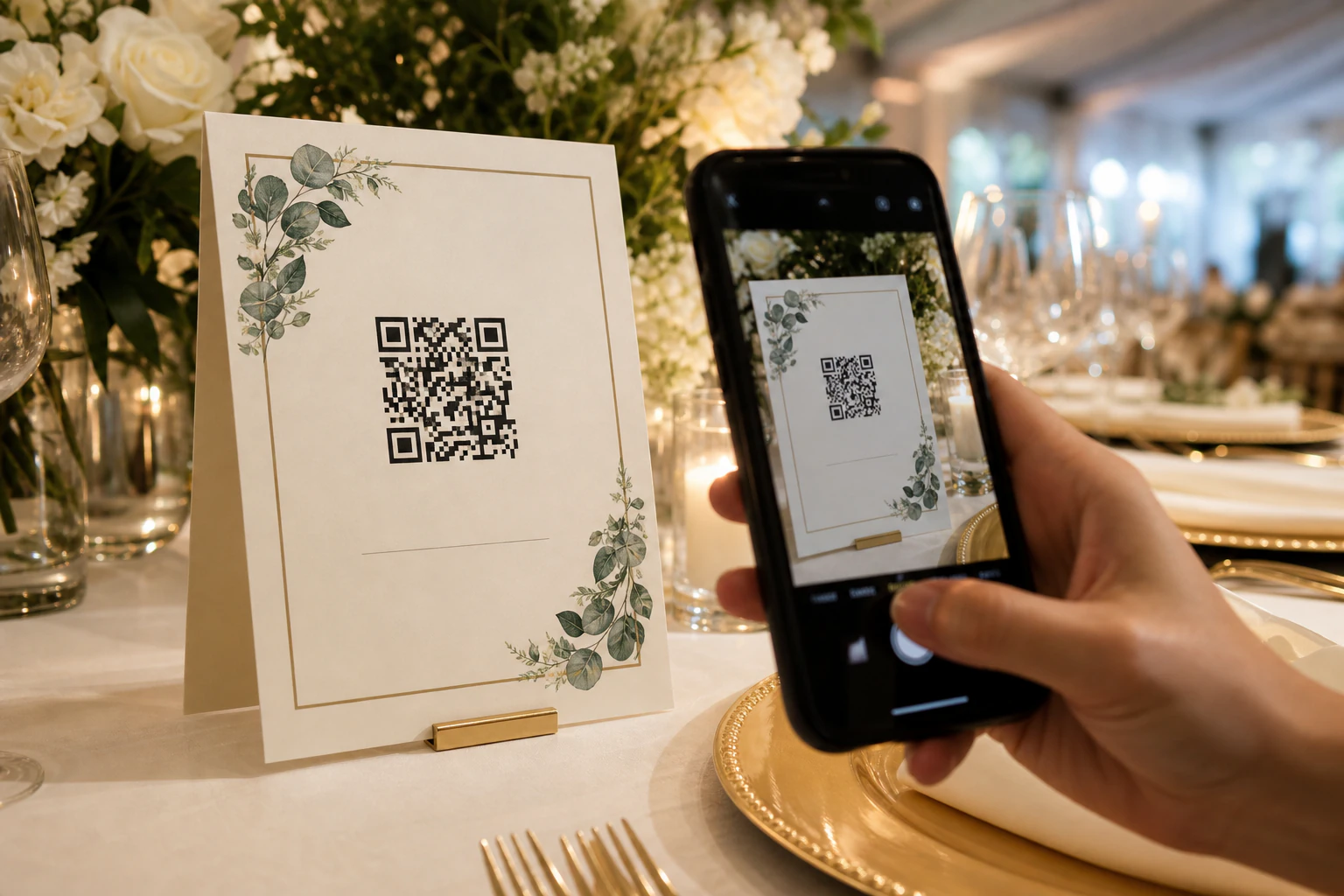 A photo-real illustration of an elegant wedding table card/sign standing on a re