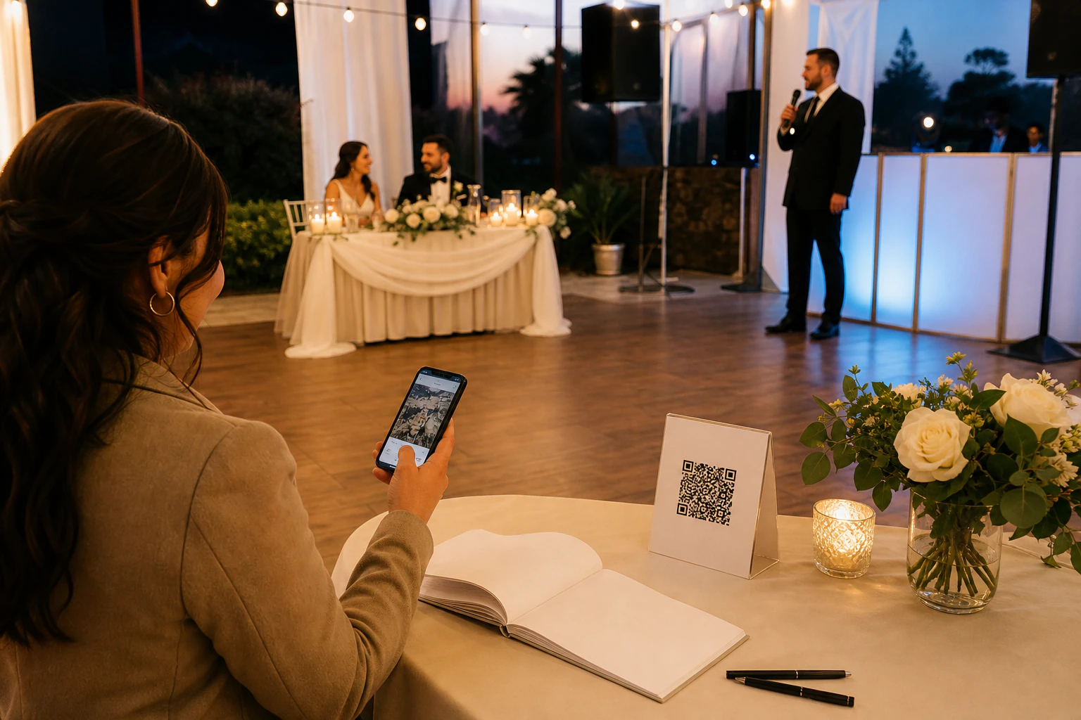 A warm, photo-real wedding reception scene at dusk: a sweetheart table and dance