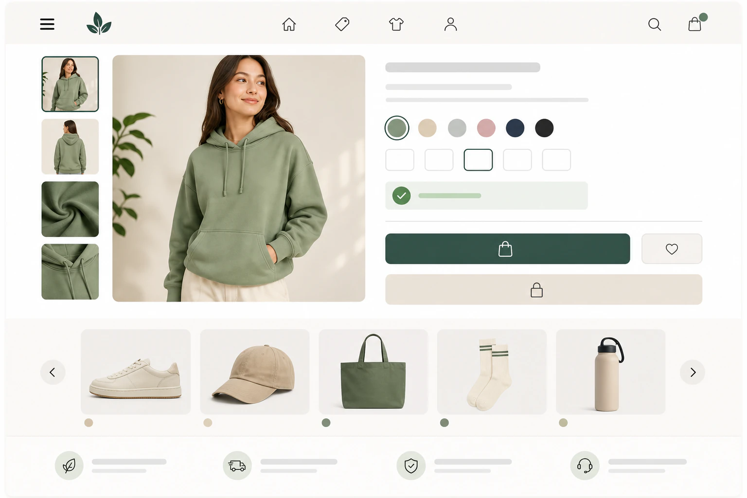 A single e-commerce product page layout shown as one coherent storefront page, t